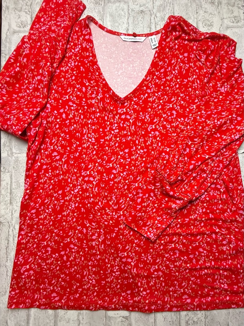 Isaac Mizrahi Live! Floral V-Neck Cuffed Sleeve Knit Top Red Pink L 😍